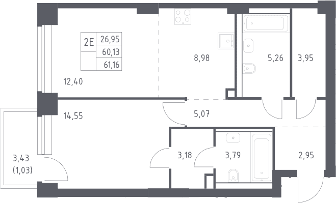 Планировка: Евродвушка 60,1 м² в ЖК «НОВА»