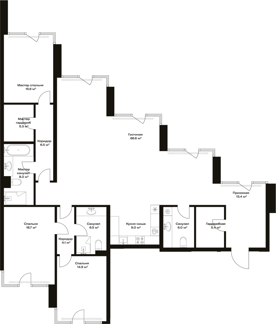 Планировка: Квартира евро-4 180,2 м² в ЖК «Опус»