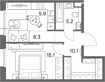 Планировка: Евродвушка 44,6 м² в ЖК «Станиславский»