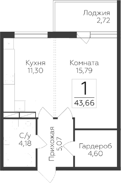 Планировка: 1-комнатная квартира 40,9 м² в ЖК «Финский квартал»