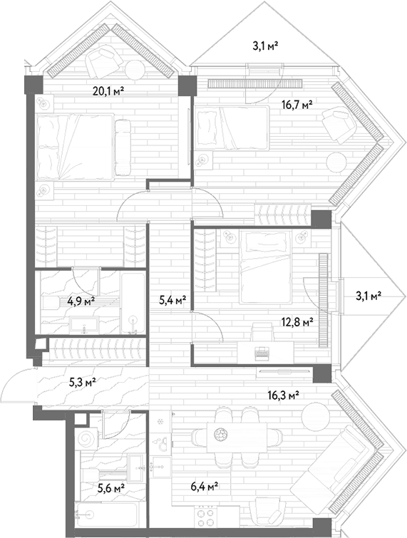 Планировка: Квартира евро-4 93,5 м² в ЖК «С5»