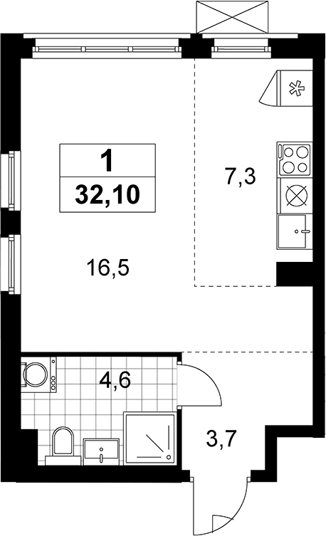 Планировка: Студия 32,1 м² в ЖК «Прокшино»