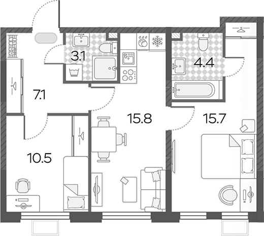 Планировка: Евротрёшка 56,6 м² в ЖК «Лучи»