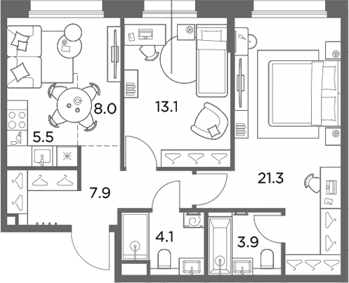 Планировка: Евротрёшка 63,8 м² в ЖК «Станиславский»
