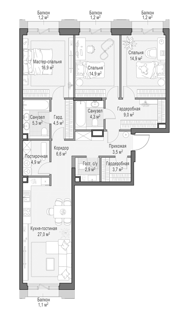 Планировка: Квартира евро-4 119,6 м² в ЖК «Квартал Тишинский бульвар»