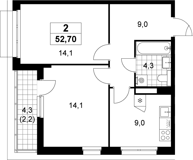 Планировка: 2-комнатная квартира 50,5 м² в ЖК «Деснаречье»
