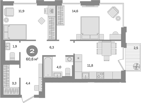 Планировка: 2-комнатная квартира 58,1 м² в ЖК «Квартал Герцена»