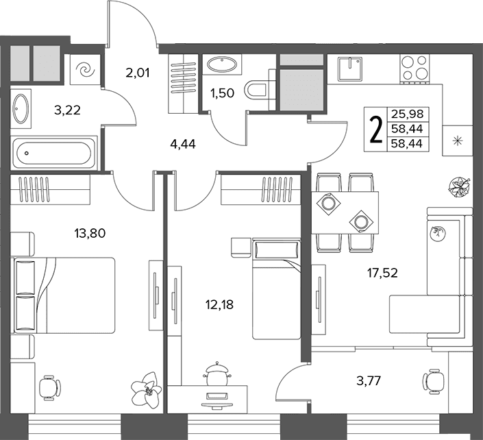 Планировка: Евротрёшка 58,4 м² в ЖК «Городской бор»