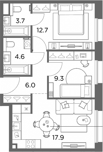 Планировка: 2-комнатная квартира 54,2 м² в ЖК «Станиславский»