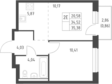 Планировка: Евродвушка 34,5 м² в ЖК «Горки Парк»