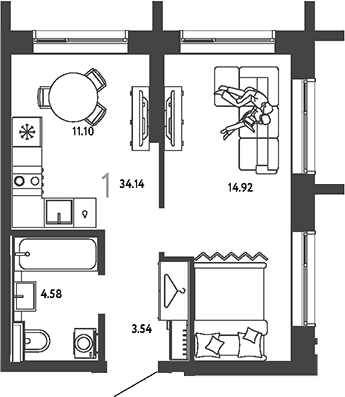 Планировка: 1-комнатная квартира 34,1 м² в ЖК «Страна.Парковая»