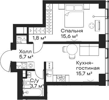 Планировка: Евродвушка 42,5 м² в ЖК «Сити Бэй»