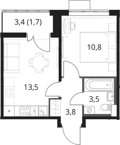 Планировка: 1-комнатная квартира 31,6 м² в ЖК «1-й Шереметьевский»