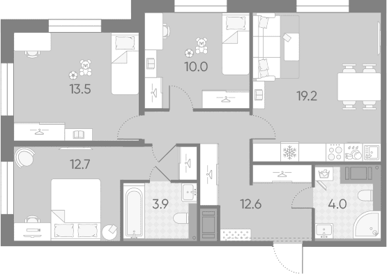 Планировка: Квартира евро-4 75,9 м² в ЖК «Большая Охта»