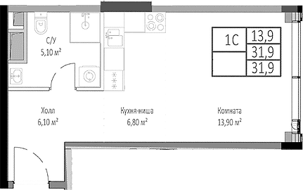 Планировка: Студия 31,9 м² в ЖК «Мираполис»