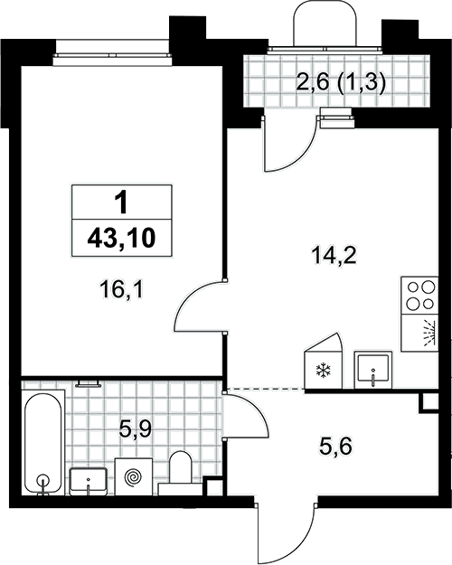 Планировка: 1-комнатная квартира 41,8 м² в ЖК «Прокшино»