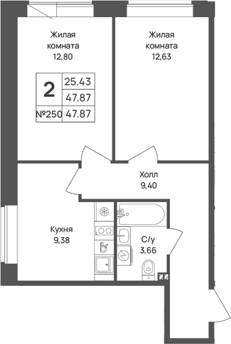 Планировка: 2-комнатная квартира 47,9 м² в ЖК «Капральский берег»