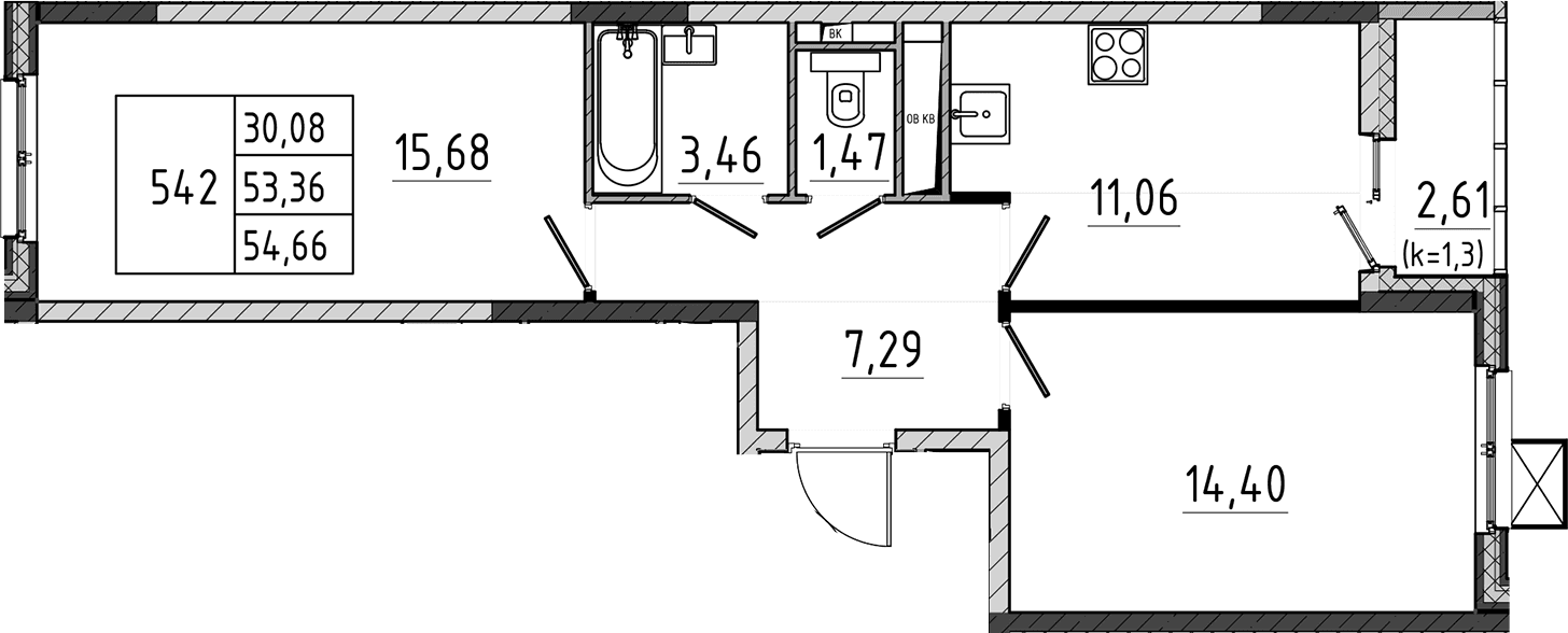 Планировка: 2-комнатная квартира 53,4 м² в ЖК «Поварово-Молодежный-2»