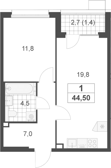 Планировка: 1-комнатная квартира 43,1 м² в ЖК «Скандинавия»