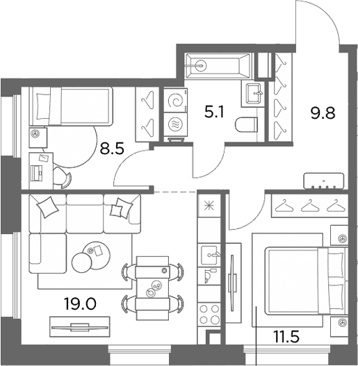 Планировка: 2-комнатная квартира 53,9 м² в ЖК «Станиславский»