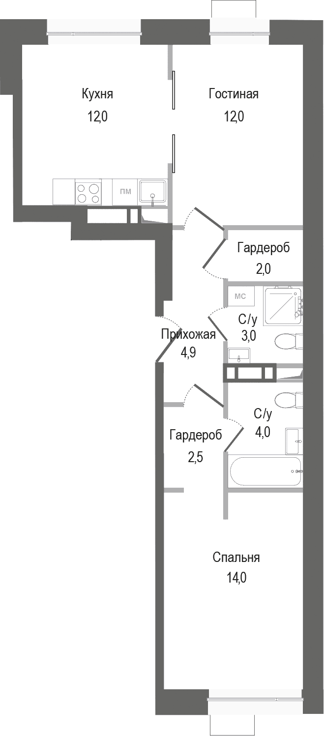 Планировка: 2-комнатная квартира 54,4 м² в ЖК «Киноквартал»