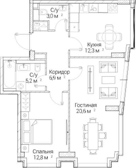Планировка: 2-комнатная квартира 60,6 м² в ЖК «СЕЗАР БУДУЩЕЕ»