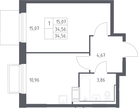 Планировка: 1-комнатная квартира 34,6 м² в ЖК «Томилино Парк»