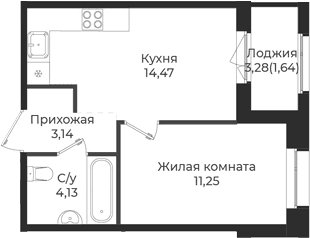 Планировка: 1-комнатная квартира 33 м² в ЖК «Новатория»