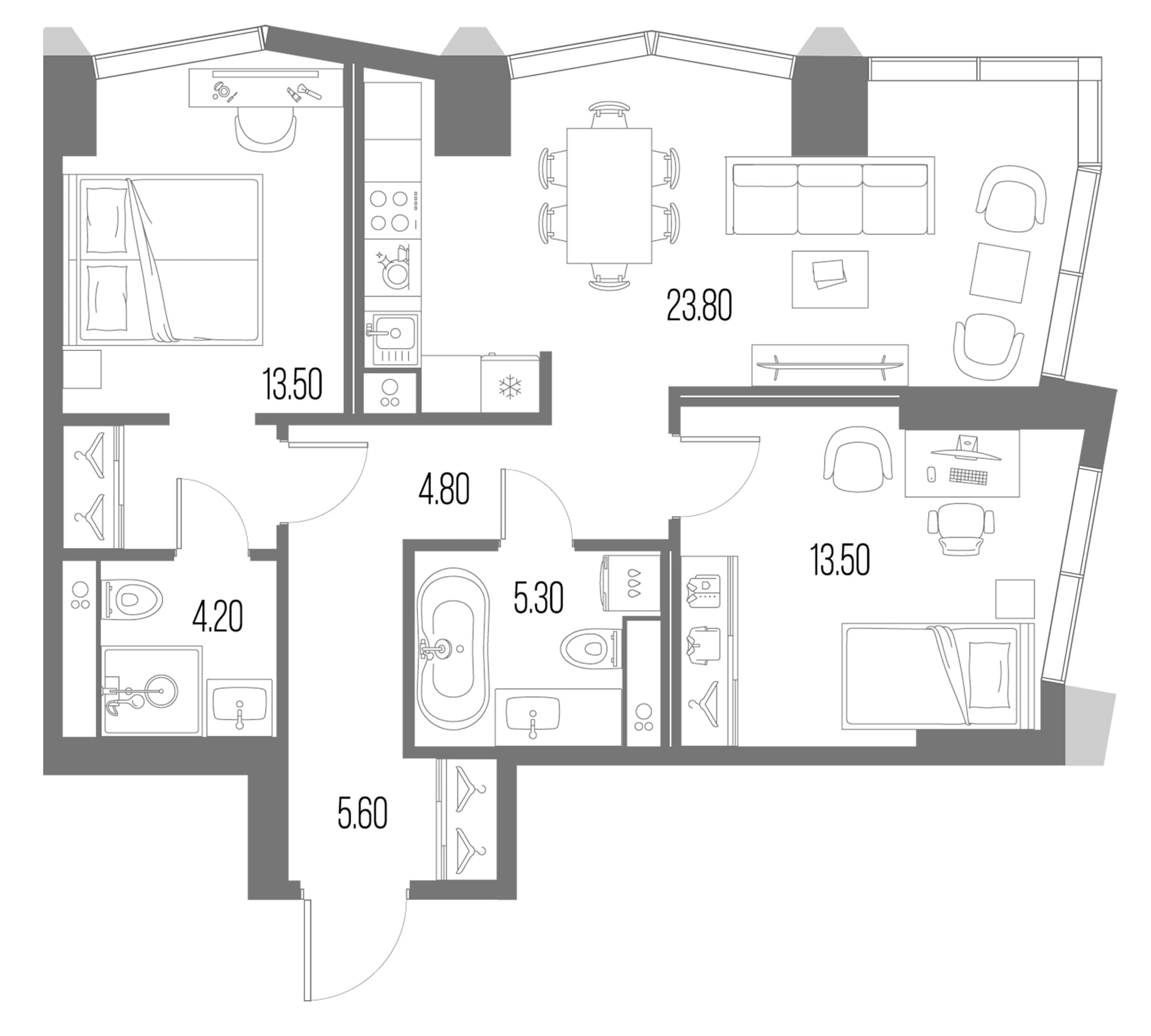 Планировка: 2-комнатная квартира 70,7 м² в ЖК «Северный Порт»