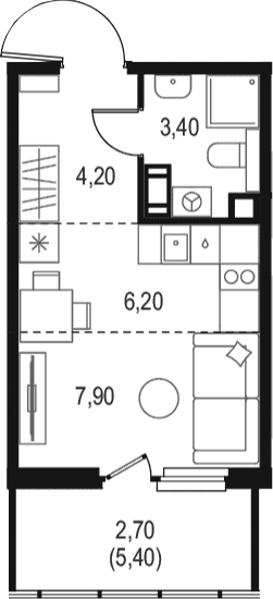 Планировка: Студия 21,7 м² в ЖК «Левел Мечникова»