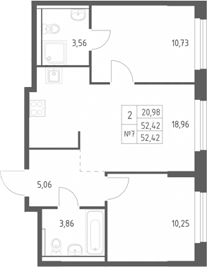 Планировка: Евротрёшка 52,4 м² в ЖК «Большое Юрлово»
