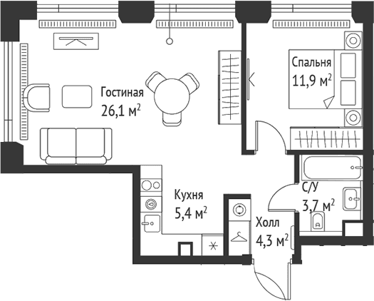 Планировка: Евродвушка 51,5 м² в ЖК «СЕТ»