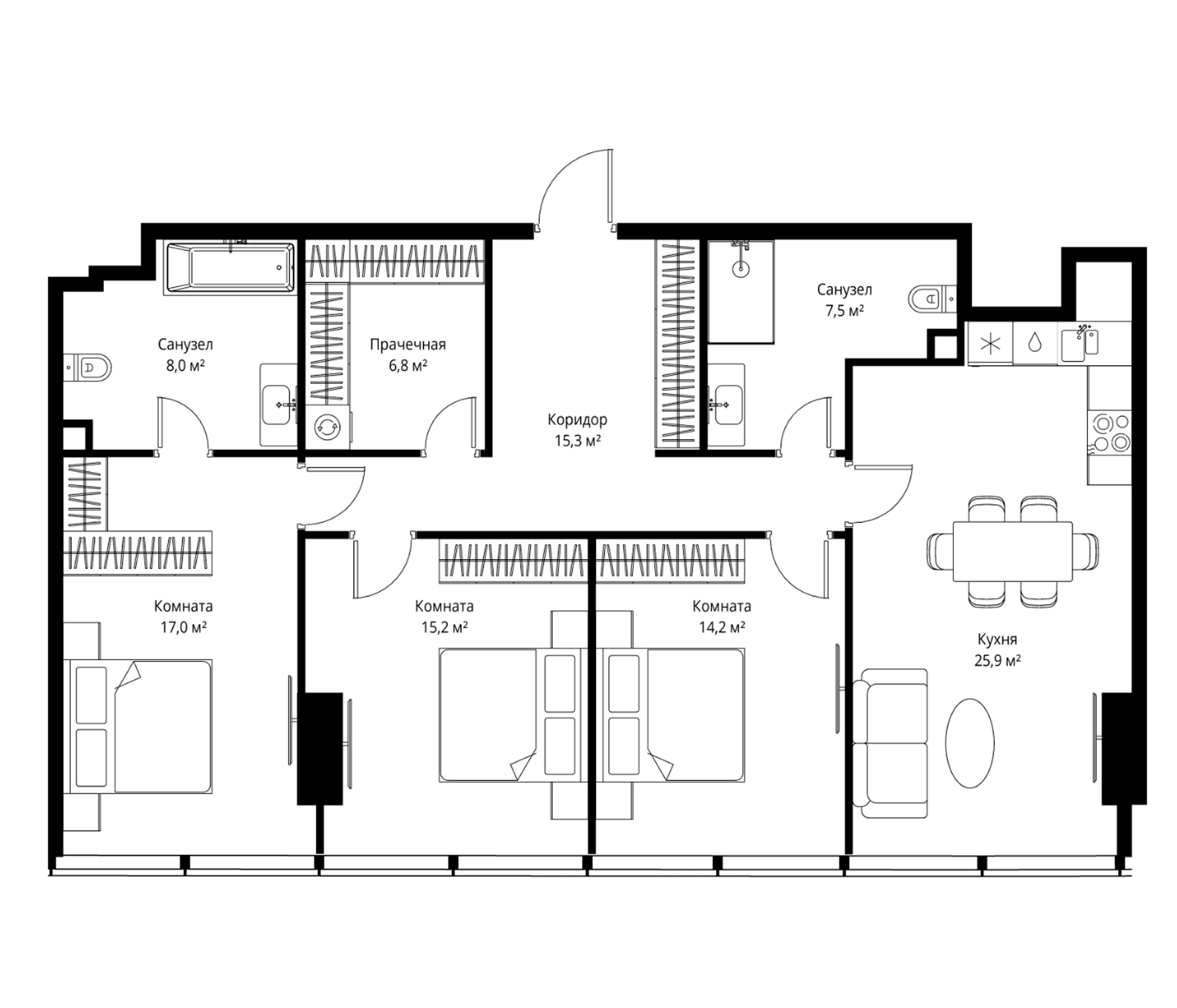 Планировка: Квартира евро-4 109,9 м² в ЖК «ОНЕ»