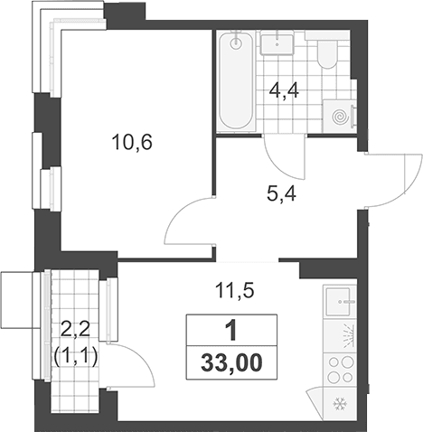 Планировка: 1-комнатная квартира 31,9 м² в ЖК «Южные сады»