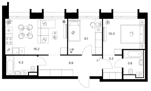 Планировка: 2-комнатная квартира 56,9 м² в ЖК «Зеленый парк»
