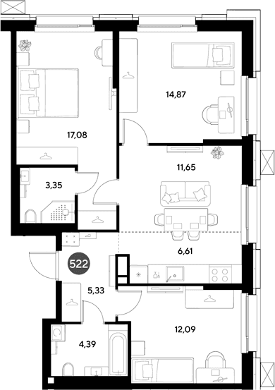Планировка: Квартира евро-4 75,4 м² в ЖК «ЭВО»