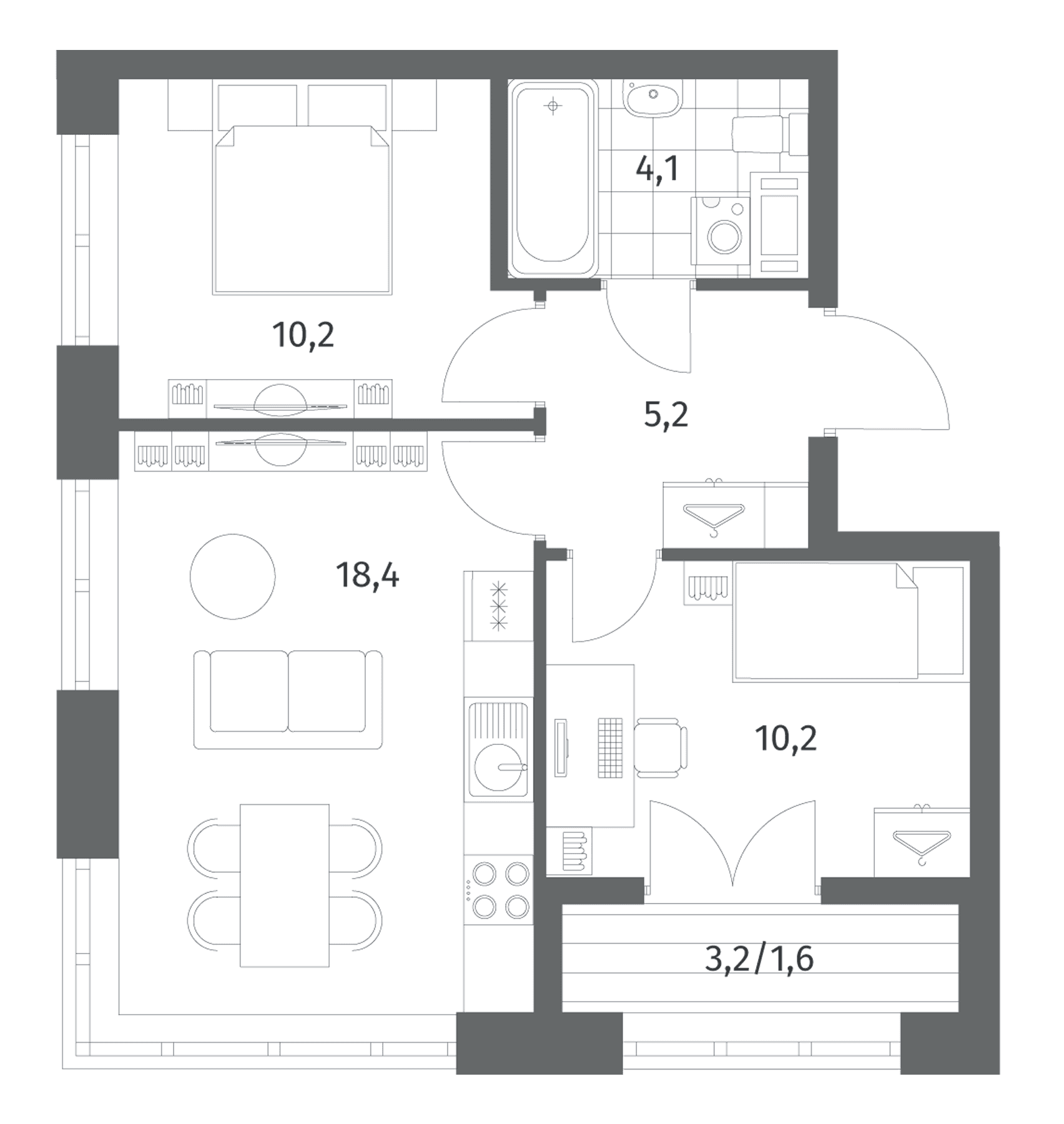 Планировка: Евротрёшка 48,1 м² в ЖК «Новый Питер»