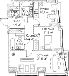 Планировка: 2-комнатная квартира 61,7 м² в ЖК «СЕЗАР БУДУЩЕЕ»