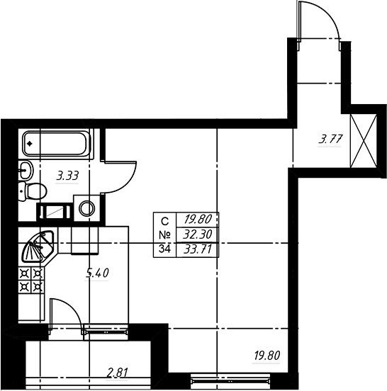Планировка: Студия 32,4 м² в ЖК «Огоньки»