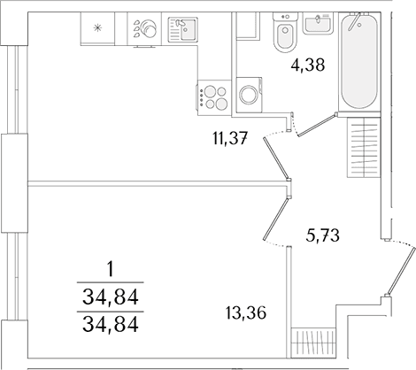 Планировка: 1-комнатная квартира 34,8 м² в ЖК «Кинопарк»