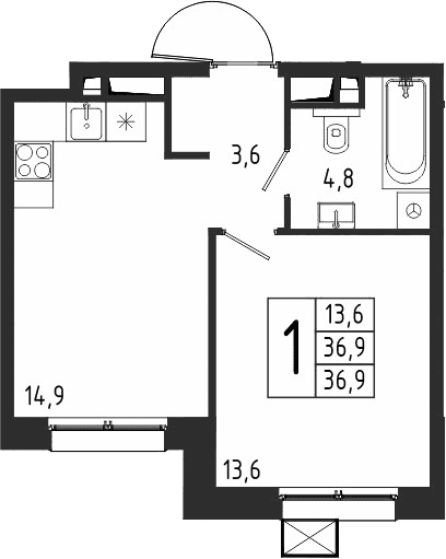 Планировка: 1-комнатная квартира 36,9 м² в ЖК «Берег»