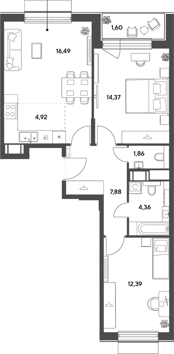 Планировка: Евротрёшка 62,3 м² в ЖК «Публицист»