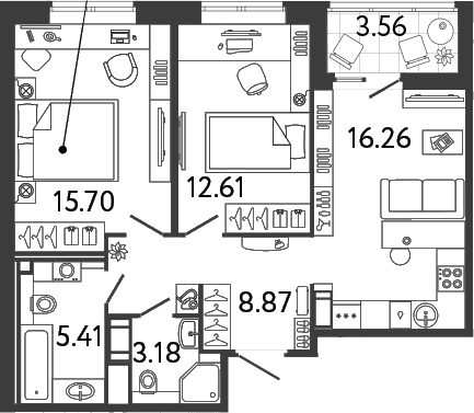 Планировка: Евротрёшка 62 м² в ЖК «Ultra City 3.0»