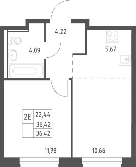 Планировка: Евродвушка 36,4 м² в ЖК «Квартал Ивакино»
