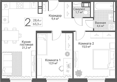 Планировка: Евротрёшка 65,3 м² в ЖК «Руднева, 15»