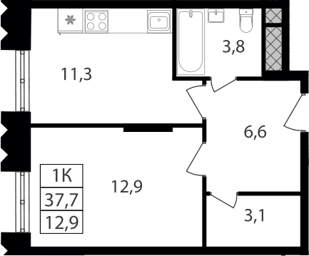 Планировка: 1-комнатная квартира 37,7 м² в ЖК «Варшавские ворота»