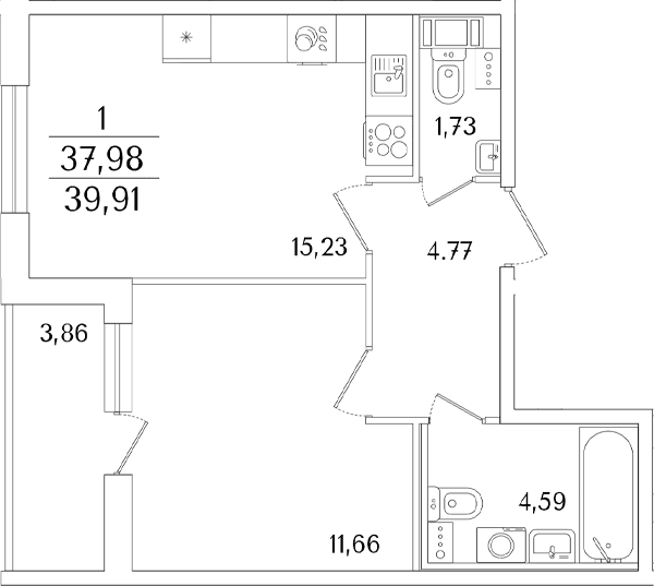 Планировка: Евродвушка 38 м² в ЖК «Кинопарк»