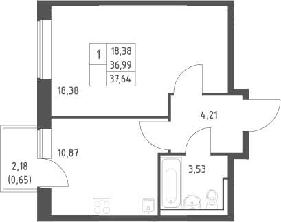Планировка: 1-комнатная квартира 37 м² в ЖК «Большое Юрлово»