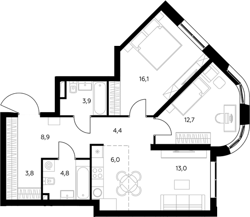 Планировка: Евротрёшка 73,6 м² в ЖК «Адмирал»