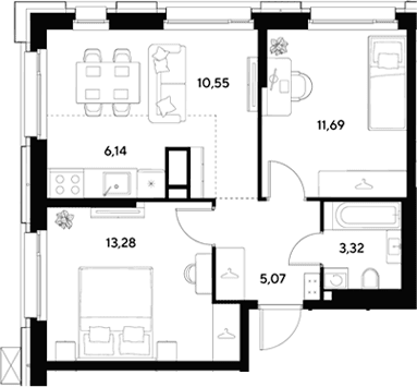 Планировка: Евротрёшка 50,1 м² в ЖК «ЭВО»